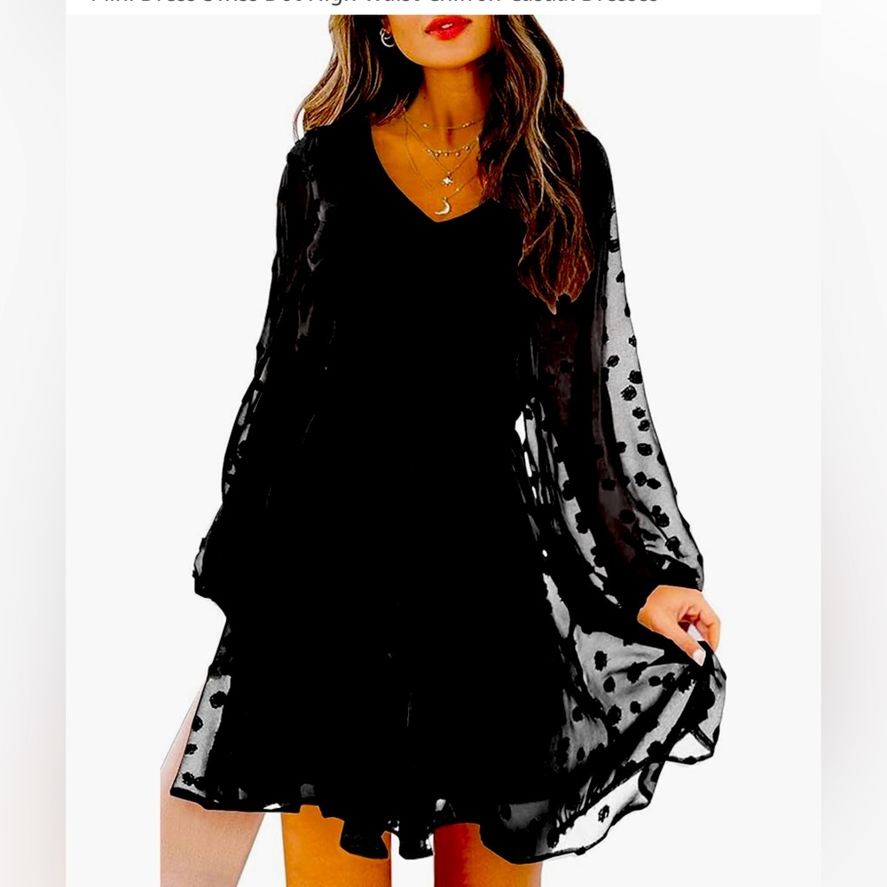 Spring Summer Long Sleeve V Neck Flowy Mini Dress Swiss Dot Chiffon Casual Dress